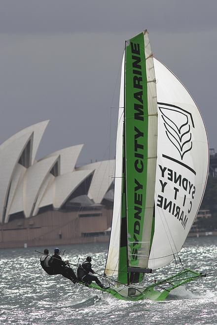 Sydney City Marine, the green machine - 18ft Skiffs NSW Championship 2013 © Frank Quealey /Australian 18 Footers League http://www.18footers.com.au